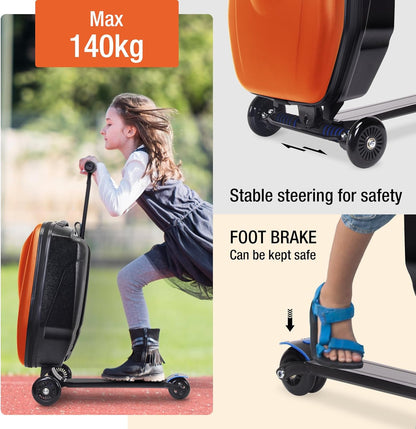 20" Scooter Suitcase for Kids, 2-in-1 Ride On Luggage with Wheels for Boys & Girls Ages 4-15, Foldable Hardshell Carry On Lightweight Travel Suitcase for Airplane (No LED, Orange)