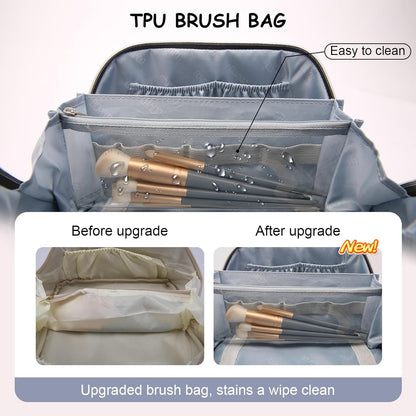 BOYATU Makeup Bag Travel Cosmetic Bag: 3 Pcs Set Portable Make up Bags for Women with Handle - Waterproof Vegan Leather Toiletry Organizer Bags with Comparments (F-05-Blue)