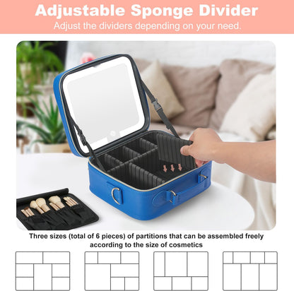 Mocado Travel Makeup Bag with LED Lighted Mirror,Travel Makeup Organizer,Makeup Case with 3 Color Lighted Setting and 10x Magnifying Mirror,Portable Storage and Adjustable Dividers Makeup Box(Blue)