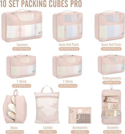 Veken 10 Set Packing Cubes for Travel, Beach Vacation Essentials Accessories for Cruise Ship, Suitcase Organizer Bags for Luggage with Hanging Toiletry & Shoe Bag, Birthday Gifts for Women Mom Her