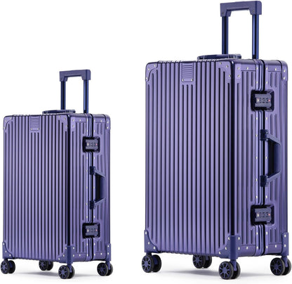 Metal All Aluminum Carry-on Luggage TSA Customs Lock Zipperless Silent Rotary Wheel Business Suitcase Aluminum Frame Set (blue, 2Piece(20/26))
