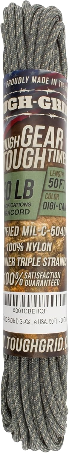 TOUGH-GRID 550 Paracord Rope Nylon Parachute Cord, Made in USA Survival Kit, Outdoor Adventures, Camping, Tactical Gear & Emergency Supplies, Military Type III Mil-Spec