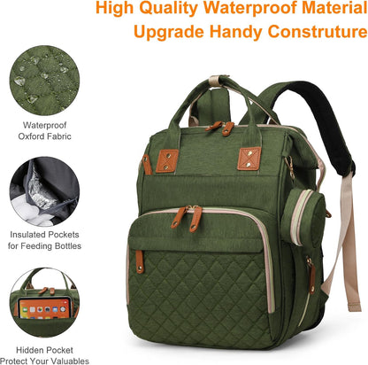 Diaper Bag with Changing Station, Waterproof 3 in 1 Baby Diaper Backpack with Foldable Changing Pad, Large Travel Back Pack for Girl Boy, Green