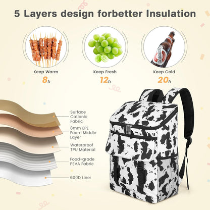 Cooler Backpack Soft Insulated Leak Proof 30 Cans Insulated Backpack Cooler Portable Picnic Camping Beach Hiking BBQ Lunch Backpack for Men and Women -Cow Color