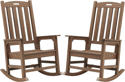 Psilvam Outdoor Rocking Chair Set of 2, Poly Lumber Oversized Rocking Chair with 21" Wide Seat and 32" Tall Backrest, Pre-Assembled with Most Components for Effortless Installation(Bright Brown)