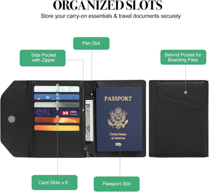 Leather Passport Holder for Travel,Passport Book Holder，Rfid Blocking Travel Wallet Protect Your Card Security, Travel Document Organizer for Men Women,Airport Essentials Gift (Black)