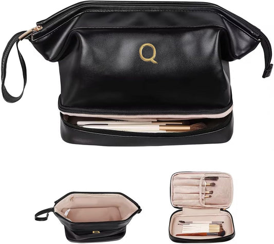 Bridesmaid Gift, Initial Makeup Bags, Personalized Double Layer Cosmetic Bag with Makeup Brush Organizer, Waterproof, Large Capacity PU Leather Travel Toiletry Bag