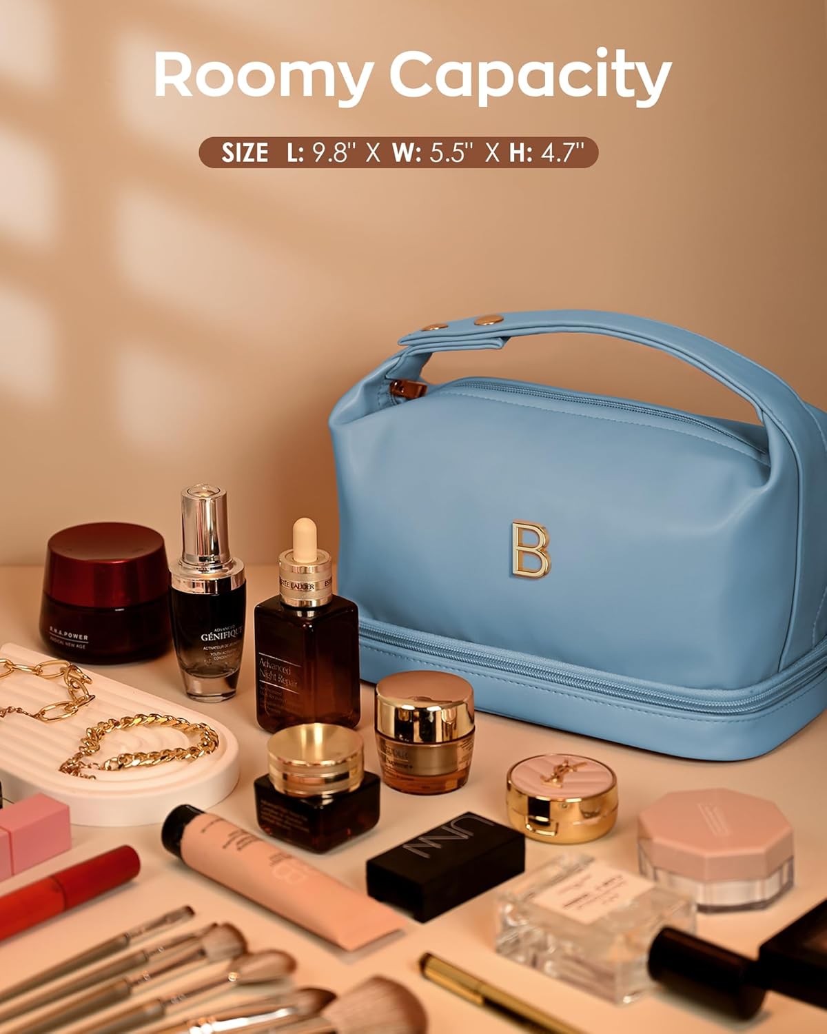 College Girl Gift Ideas, Personalized Makeup Bag with Handle, Initial Double Layer Cosmetic Bag with Makeup Brush Organizer, Birthday Gifts for 11 12 13 14 15 16 17 18 Year Old Girls