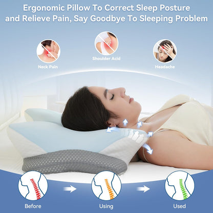 Ergonomic Cervical Pillow for Neck Support, Memory Foam Orthopedic Contour Side Sleeper Pillows with Dual Heights, Soft Bed Pillow with Breathable Pillowcase for Back, Stomach Sleepers(Blue)