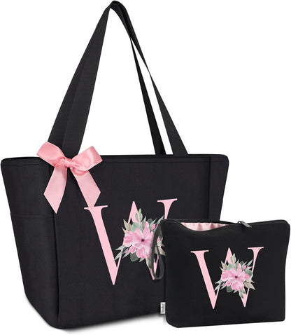 Vavabox Tote Bag, A-Z Initial Monogrammed Waterproof Tote Bag, Bridesmaid Gifts for Women, Black and Pink