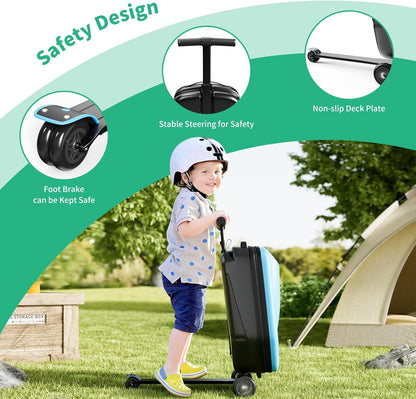 Scooter Hardshell Kids' Luggage, Foldable Carry on Kids Suitcase with Telescopic Handle for Travel, Multifunctional Ride On Lightweight Luggage with Wheels, Light Blue