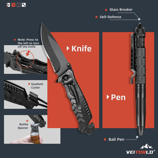 VEITORLD Gifts for Men Dad Him Christmas - Survival Gear and Equipment 12 in 1, Survival Kits - Cool Unique Fishing Hunting Birthday Gifts for Husband Teen Boy Boyfriend Women, Mens Stocking Stuffers