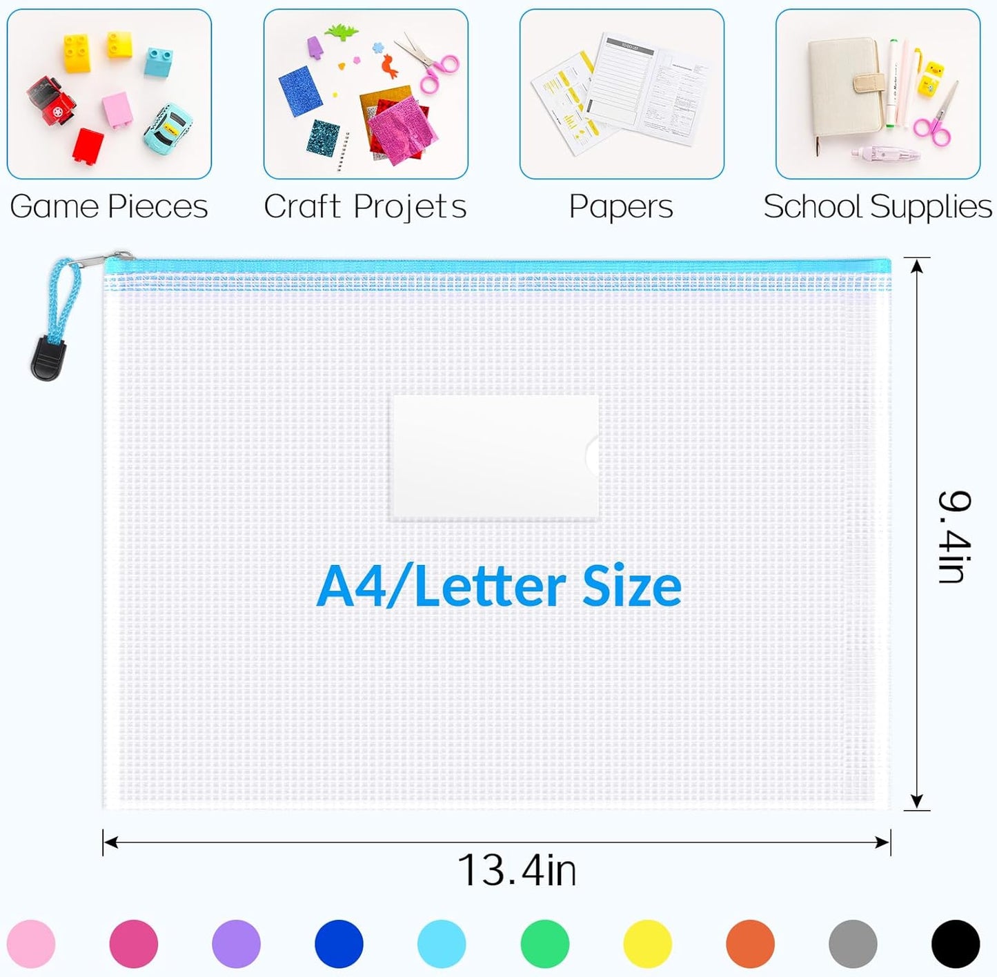 Sooez 14 Pack Mesh Zipper Pouch Bags, A4 Letter Size, Zipper Bags with Label Pocket, Waterproof Pouches for Classroom Organization, Board Game Storage, Document Bag for Teacher School Office Supplies