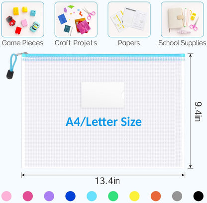 Sooez 20 Pack Mesh Zipper Pouch Bags, A4 Letter Size, Zipper Bags with Label Pocket, Waterproof Pouches for Classroom Organization, Board Game Storage, Document Bag for Teacher School Office Supplies