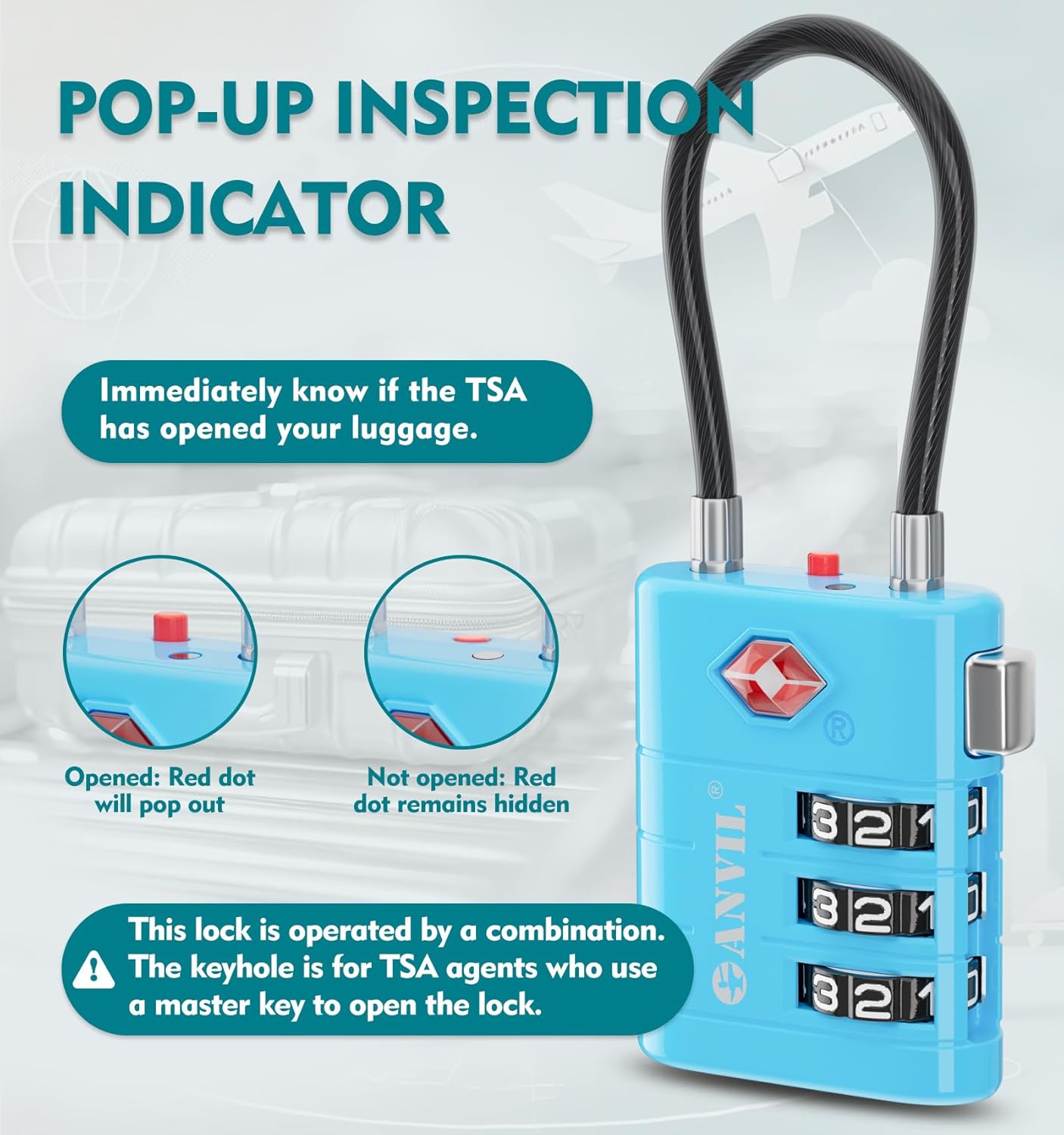 ANVIL TSA Approved Luggage Locks – High Security TSA008 Combination Travel Locks with Inspection Indicator for Suitcases and Backpacks. (3, 3 Colors)