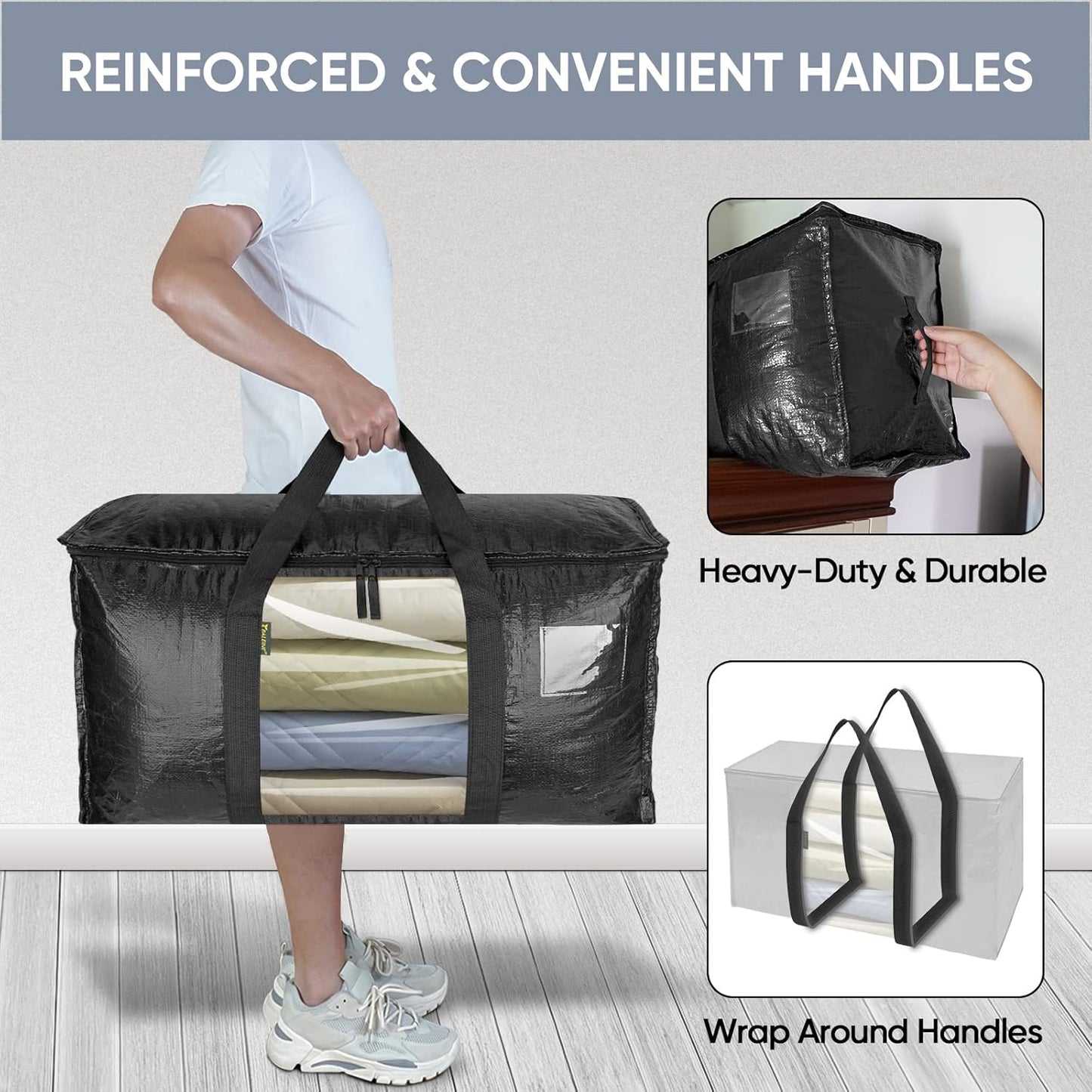 BALEINE 2-Pack Oversized Moving Bags with Reinforced Handles, Heavy-Duty Storage Tote Moving Supplies for Packaging, Camping (Black w/Window, 2-Pack)
