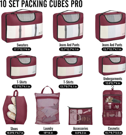 Veken 10 Set Packing Cubes for Travel Essential, Suitcase Organizer Bags in 4 Sizes, Carry-On Luggage Accessories with Large Laundry & Hanging Toiletry Bag, Must-Have for Airplane, Road Trip & Camping