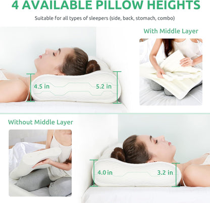 UTTU Cervical Pillow for Neck Strain Relief, Memory Foam Neck Pillow for Sleeping, Adjustable Orthopedic Sandwich Pillow, Contour Cooling for Side Back Stomach Sleeper, Medium(23.6"×14"×5.2"/4.5")
