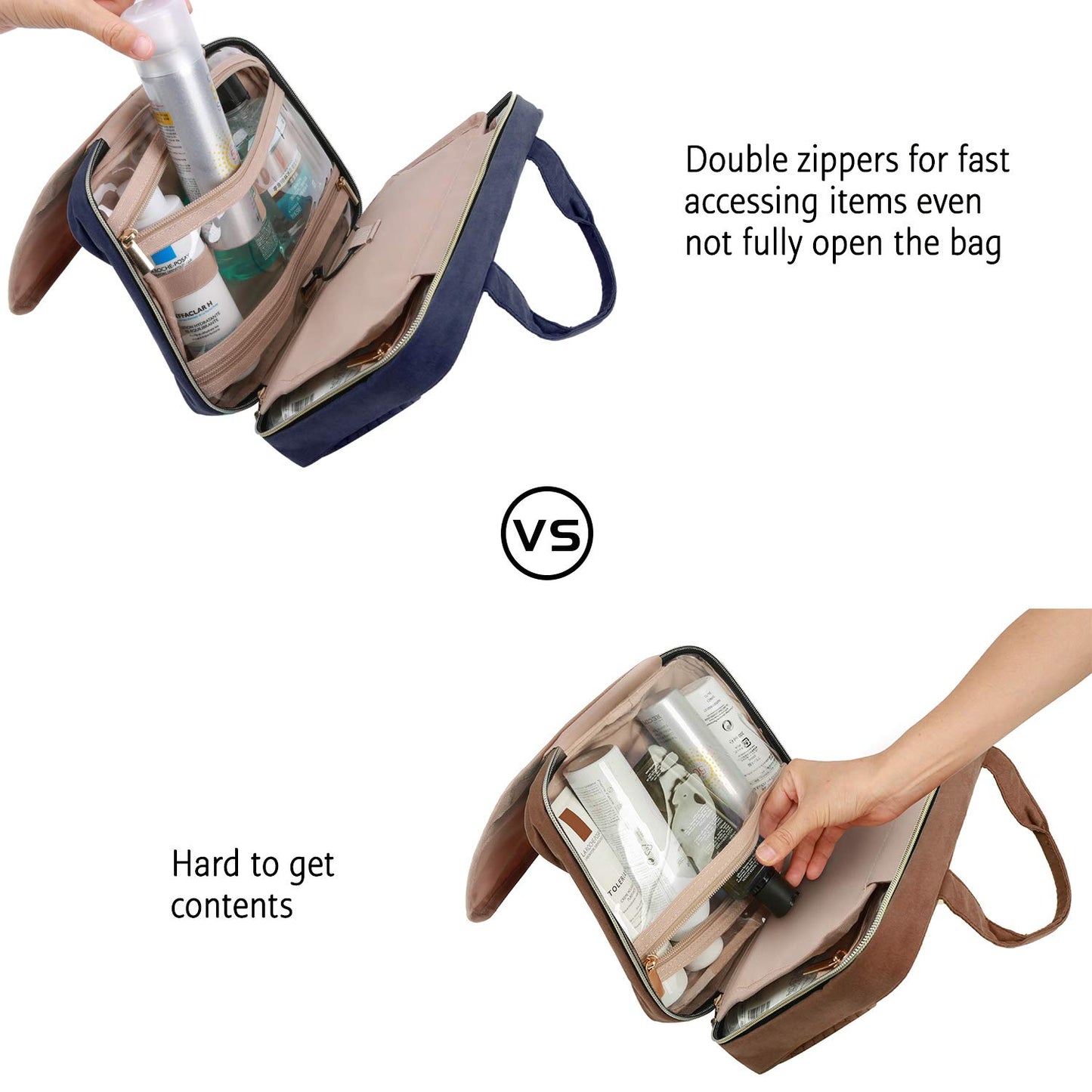 BAGSMART Toiletry Bag Travel Bag with hanging hook, Water-resistant Makeup Cosmetic Bag Travel Organizer for Accessories, Shampoo, Full Sized Container, Toiletries, Smokey Blue