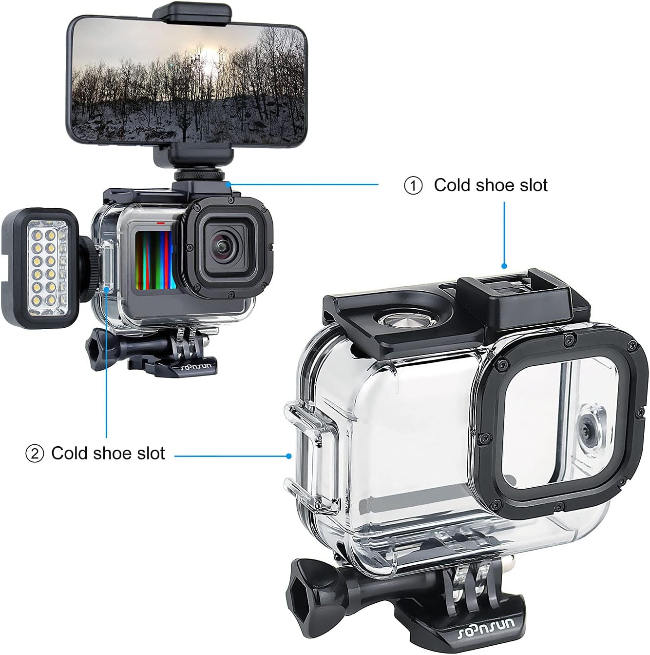 SOONSUN Waterproof Case for GoPro Hero 13 12 11 10 9 Black,196FT/60M Underwater Protective Diving Housing with Accessories, Built-in Dual Cold Shoe Mount to Connect Video Light and Microphone