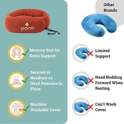 Pono Neck Cradle Travel Pillow: Memory Foam, Ergonomic 360° Adjustable Support, Prevents Neck Pain/Head Nods. Infinity Shape Fits All Adults. Foldable Design for Easy Portability (Amber Blaze)