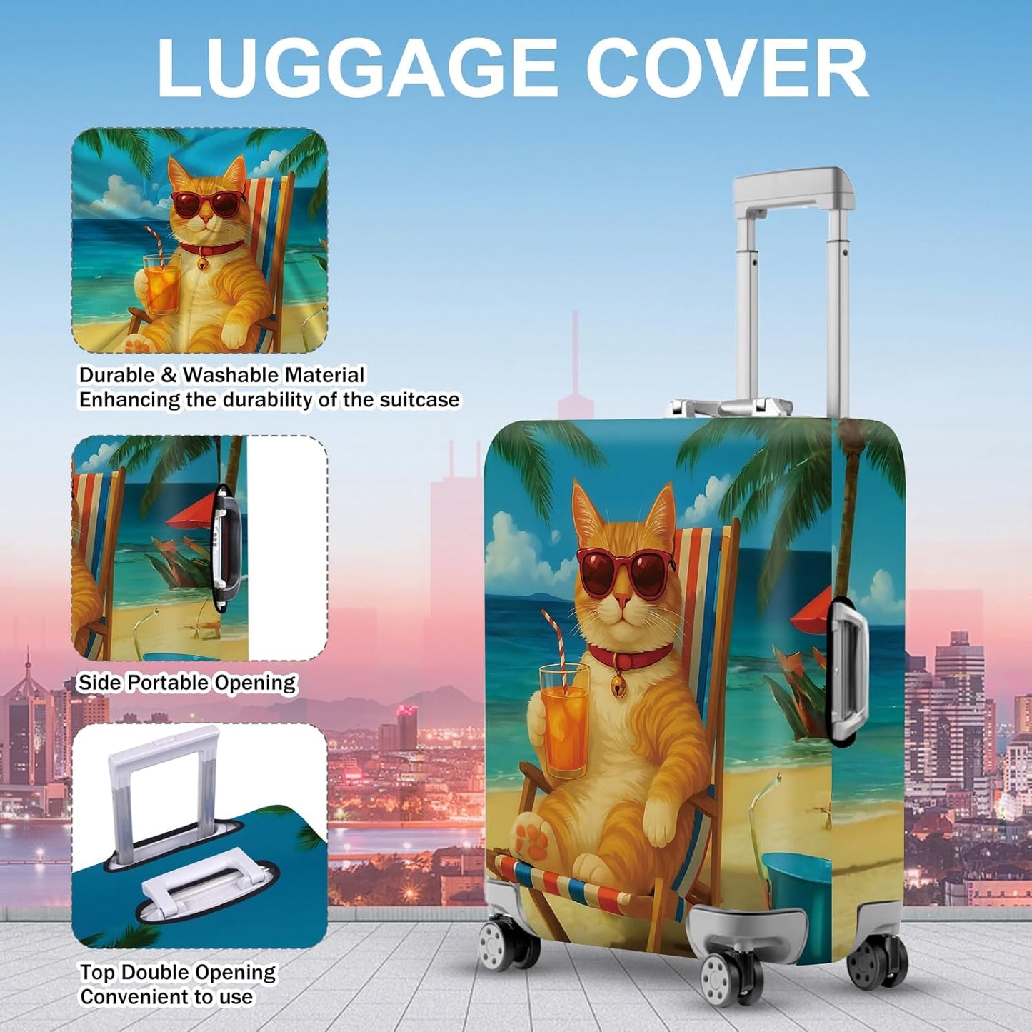 ANNA QUEEN Summer Cat Luggage Cover, Cat in Sunglasses with a Beach Drink, Stretchable, Washable Travel Protector for 24-26 Inch Suitcases