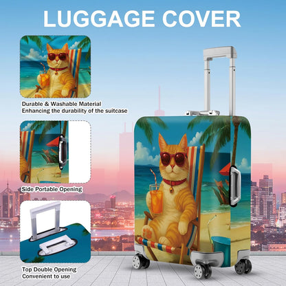 ANNA QUEEN Summer Cat Luggage Cover, Cat in Sunglasses with a Beach Drink, Stretchable, Washable Travel Protector for 24-26 Inch Suitcases