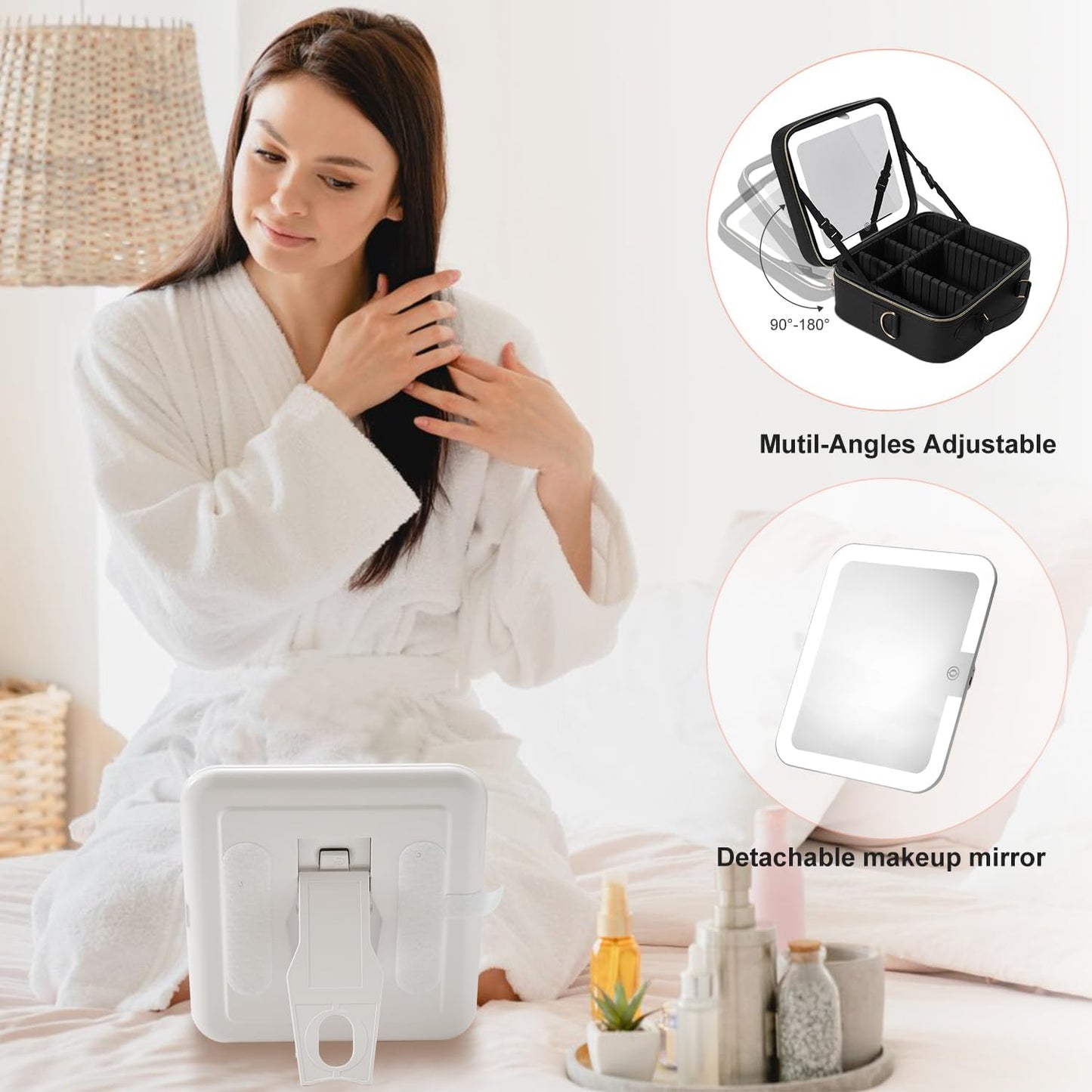 Mocado Travel Makeup Bag with LED Lighted Mirror,Travel Makeup Organizer, Makeup Case with 8 Makeup Brushes and 10x Magnifying Mirror, 3 Color Lighting, Adjustable Divider Makeup Box(Black Lozenge)