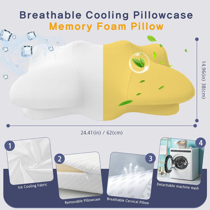 Dual-Height Cervical Neck Pillow for Pain Relief, Memory Foam Pillows with Cooling Tech -3D Ergonomic Support, Cooling Cover, for Side/Back/Stomach Sleeper Pillow, Minimalist Style - White