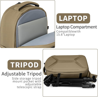TORIBIO Camera Backpack, Hardshell DSLR Photography Camera Bag, Waterproof Hard Shell Camera Case with Tripod Holder & 15.6" Laptop Compartment Compatible with Canon/Nikon/Sony/DJI Mavic Drone
