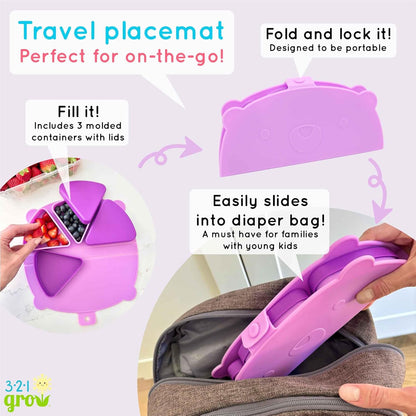 On-The-Go Snack Mat – Baby Silicone Travel Dining Placemat – Portable Silicone Toddler Plate – Reusable Snack Container with 3 Compartments and Lids for 6 Months + (Plum)