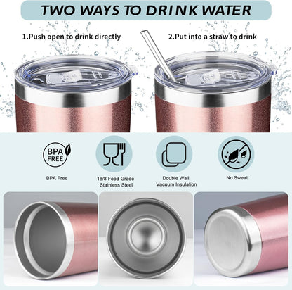 20oz Tumbler with Straw and Brush, Stainless Steel Vacuum Insulated tumbler, Double Wall Insulated Coffee Tumbler for Outdoor, Home, Travel,Office (Rose Gold,4pcs)