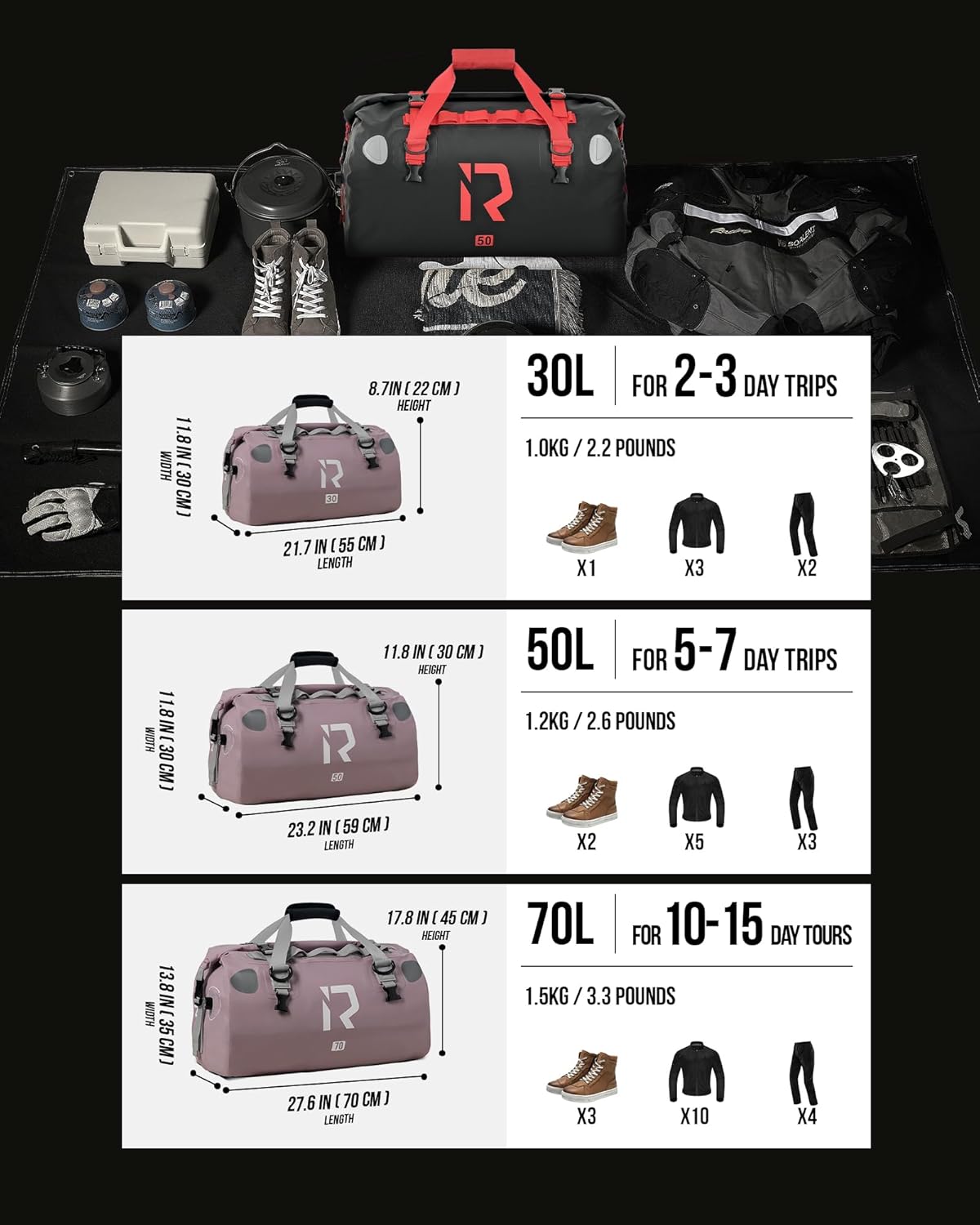 IRON JIA'S Motorcycle Dry Bag - Waterproof Duffle & Luggage Tail Bag Saddle Bags with Roll Top Closure, Shoulder Straps, Inner Pocket and Mesh Pocket (Purple, 50L)
