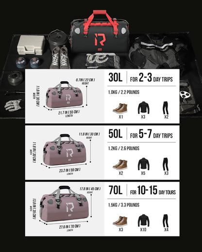IRON JIA'S Motorcycle Dry Bag - Waterproof Duffle & Luggage Tail Bag Saddle Bags with Roll Top Closure, Shoulder Straps, Inner Pocket and Mesh Pocket (Purple, 50L)