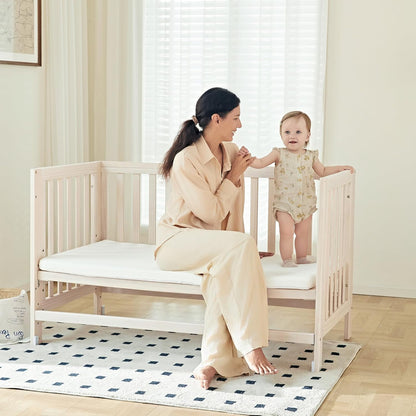 EvoNest Baby Crib, 6 in 1 Convertible Mini Crib with Wheels, 100% New Zealand Wood Growing Bed, 4 Adjustable Mattress Height, Wahsed Natural (Beige)