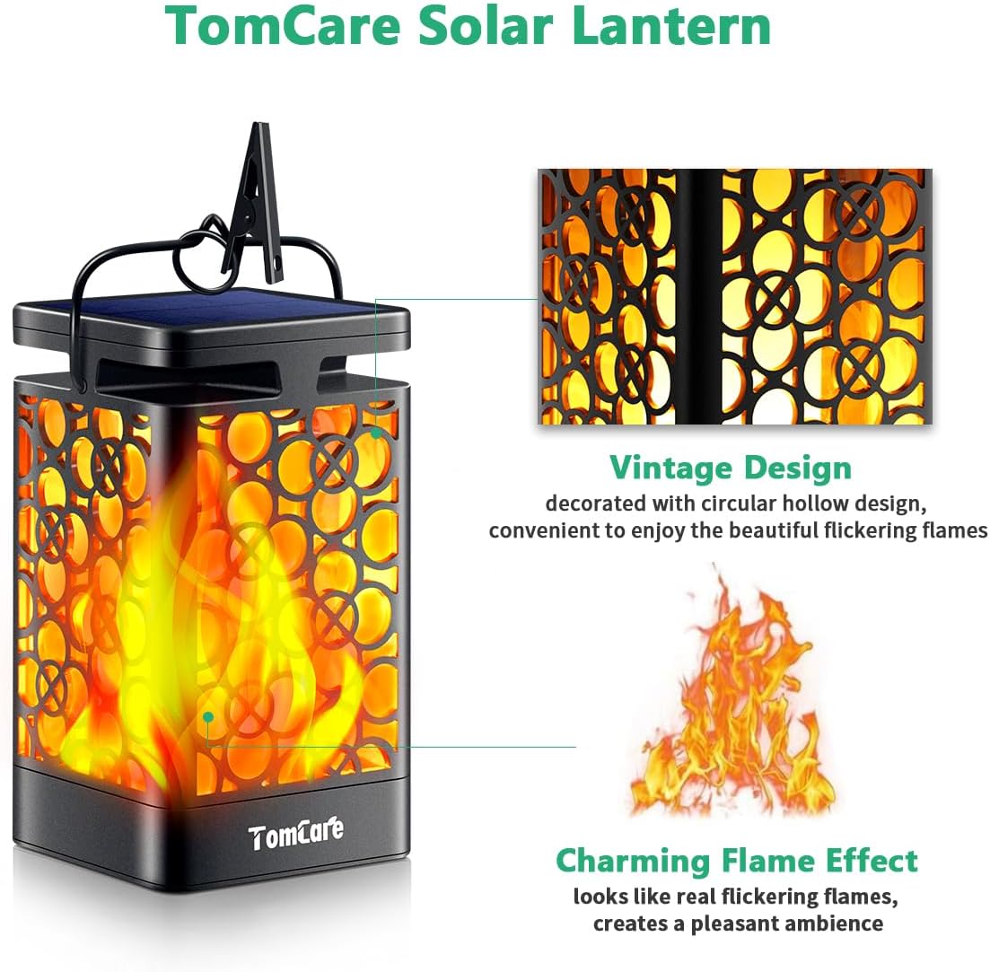 TomCare Solar Lights Upgraded Solar Lantern Flickering Flame Outdoor Hanging Lantern Decorative Lighting Solar Powered Waterproof LED Flame Umbrella Lights for Patio Garden Deck Yard, 4 Pack