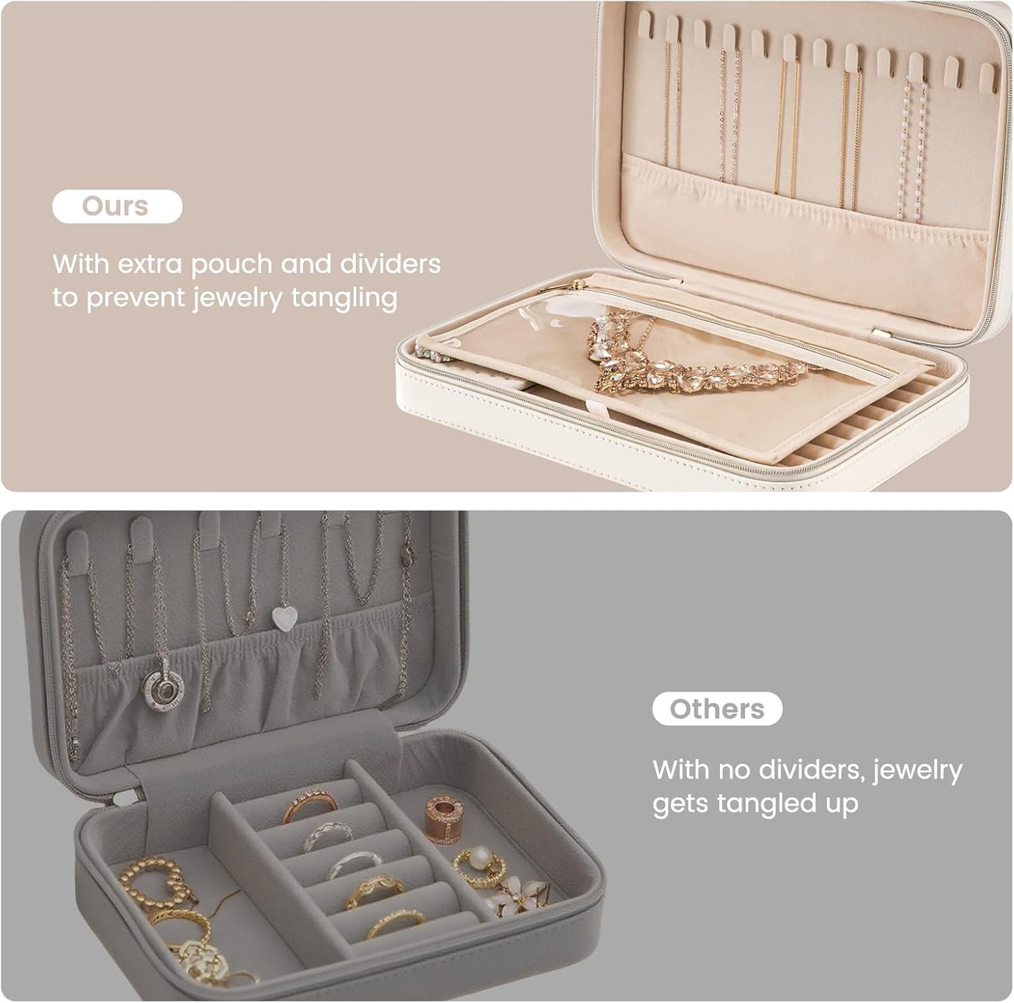 Lolalet Travel Jewelry Case for Women, Travel Jewelry Organizer Box with Mirror & Clear Storage Bag, Small Portable Traveling Earring Necklace Bracelet Ring Case, Bridesmaid Gifts -Large, White