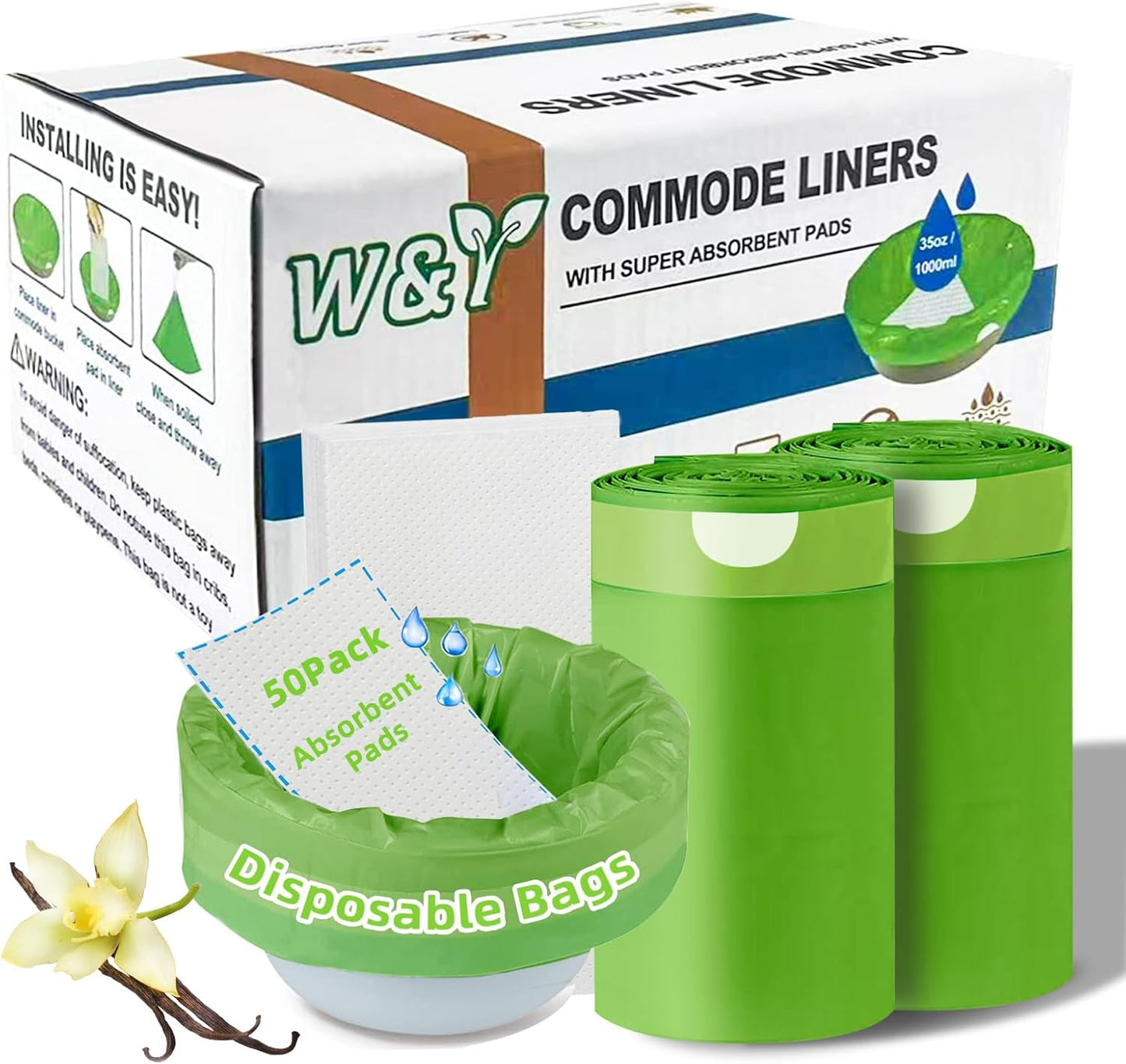 W&Y 50 Pack Commode Liners with Super Absorbent Pads, Universal Fit All Standard Toilet Chair Bucket，Vanilla-Scented Portable Sanitary Bag for Adult Toilets and Camping Toilets（50 Bags+50Pads）