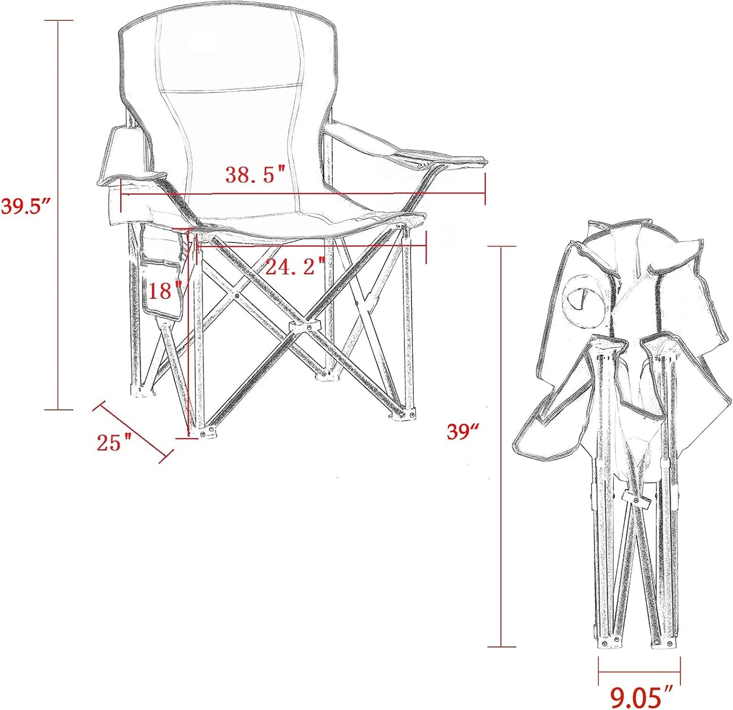 Padded Camping Chairs for Adults, Oversized Folding Outdoor Chairs, Weight Capacity 475lbs, with Cooler Bag, Cup Holder, Storage Pocket Carry Bag (Black - 2 Pack)