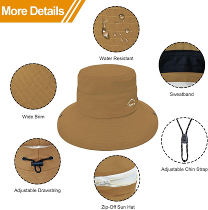 Sun Hats for Women Bucket Hat UV Protection Fishing Hat Wide Brim Safari Hats 2 in 1 Zip-Off Sun Visor Hats UPF 50+
