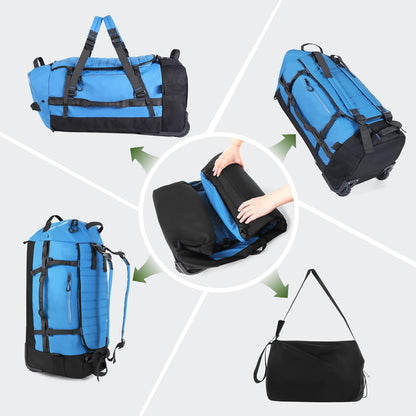 Vomgomfom 86L Collapsible Wheeled Luggage With Removable Backpack Straps,Waterproof Rolling Duffle Bag with Quilted Base,No Telescope Handle,Blue