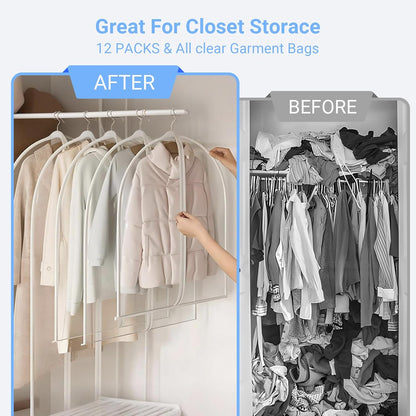 Garment Bags for Hanging Clothes 24'' x 54'' (Set of 12) Coat Covers for Closet Foldable Washable Dress Bags for Hanging Clothes for Long Dress Dance Costumes Suits Gowns Coats