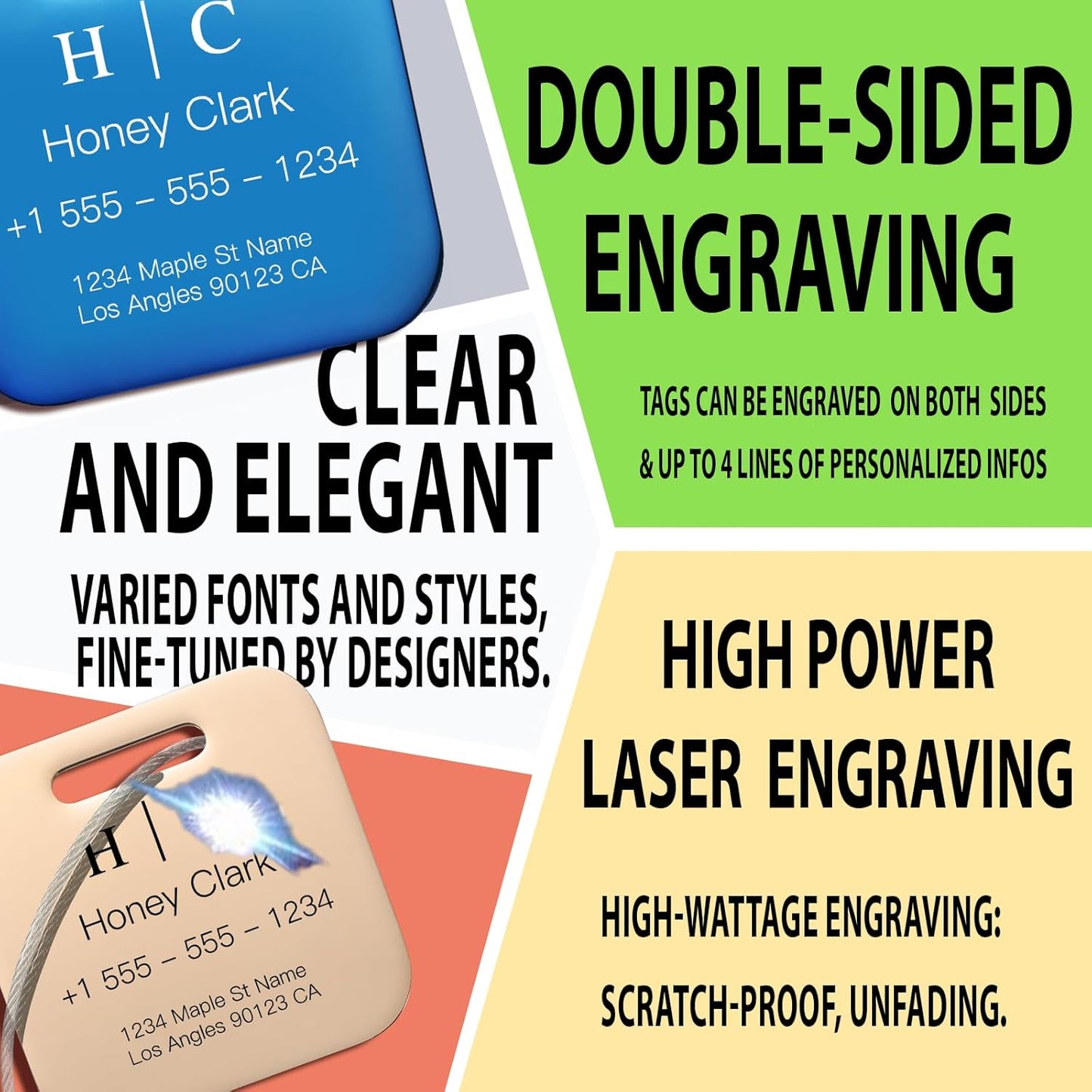Stainless Luggage Tags for Suitcases 4 Pack: Metal Personalized Luggage Tags for Backpacks & Bags with Customizable Texts (Blue)