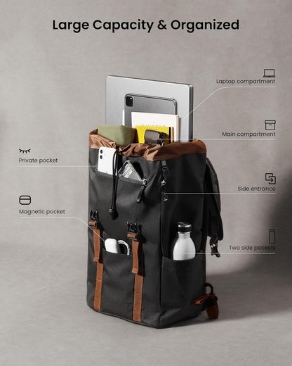 tomtoc Flap Laptop Backpack, Lightweight, Water-Resistant Casual Daypack, Durable Work-pack, Vintage Classic Rucksack for 13-15.6 Inch Laptop, perfect for Campus, Street, 22L Black
