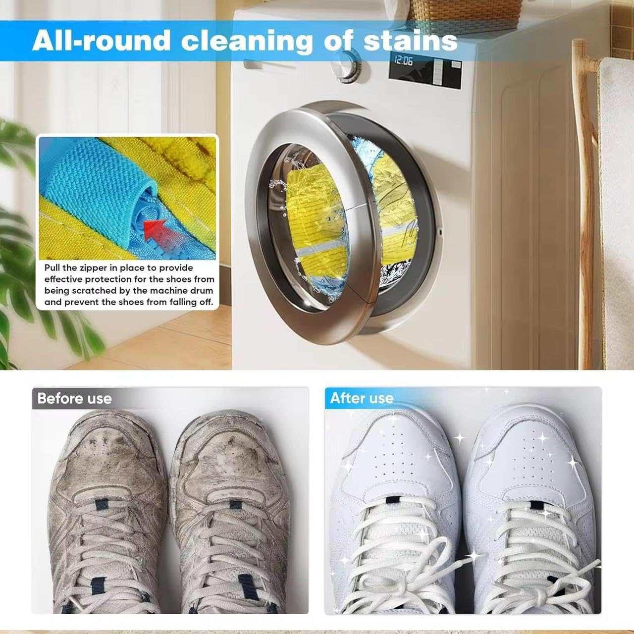 2-Pack Shoe Laundry Bags for Washer & Dryer – Reusable Sneaker laundry Bag with 360° Microfiber Cushion – Anti-Deform, Tear-Resistant, Foldable shoe washing machine bag, 39x19cm – Yellow