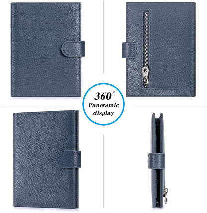 Passport Holder for Travel Women RFID Blocking Genuine Leather Passport Wallet with Card Slots, Zipper Coins Pocket, Cash Holder, Navy Blue
