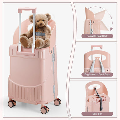 Ride On Luggage with Foldable Seat for Kids&Adults with Seat Belt,Hardshell Ride On Suitcase with Front Pocket,Lockable 4-Spinner Wheels,USB Port,TSA Lock,20 inch,Pink