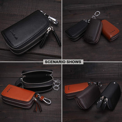 CONTACTS Car Key Case Small Leather Double Zipper Key Holder with 4 Keyrings Keys Organizer for Men Women