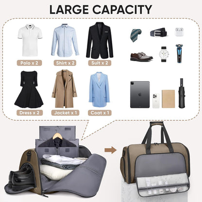BALEINE Convertible Garment Bag with Shoe Compartment, 2 in 1 Carry on Garment Duffle Bags for Travel, Suit Bag for Men Women (Brown)