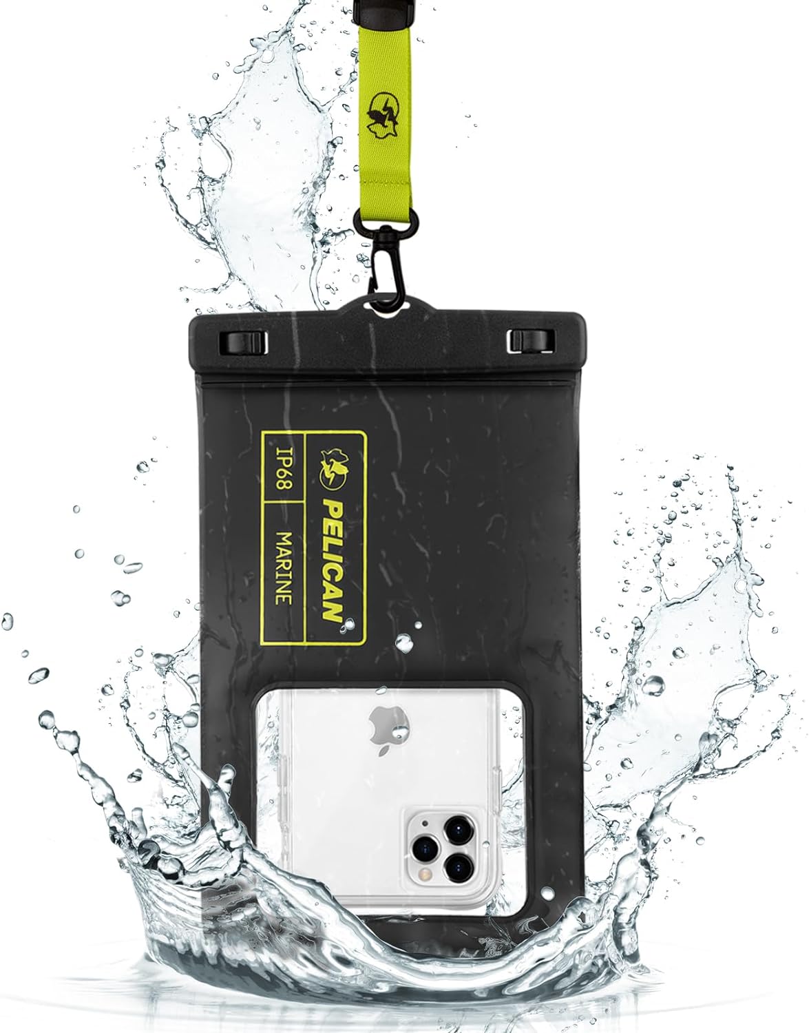 Pelican Marine - IP68 Waterproof Phone Pouch (XL Size) Floating Waterproof Phone Case - Beach Cruise Ship Travel Essentials - Works with All Phones - Detachable Lanyard - Black/Hi-Vis Yellow